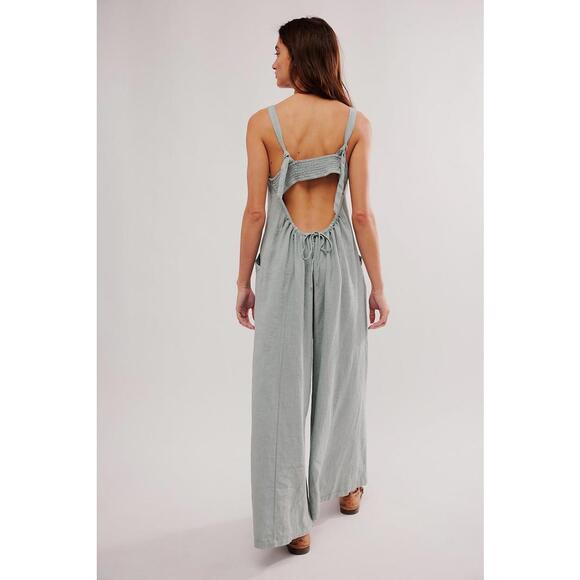 NWT Free People Drifting Dreams Sea Mist Blue Linen Jumpsuit- Size Small - Picture 2 of 9